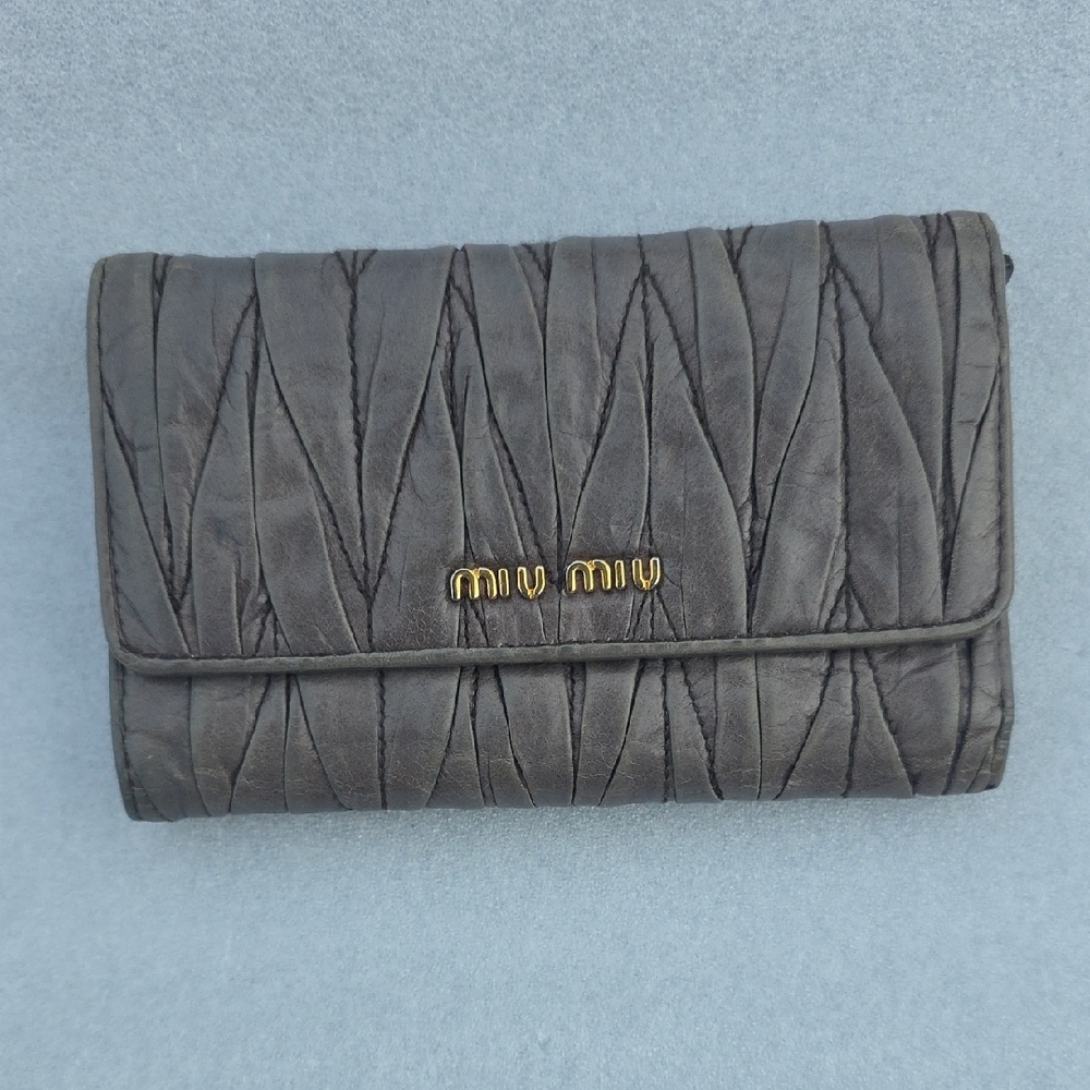 Miu Miu Taupe Quilted Wallet with Gold Logo